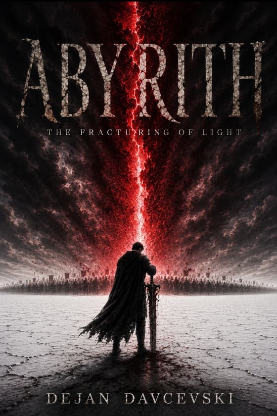Cover of Abyrith: The Fracturing of Light — a lone figure with a sword before a crimson tear in a black sky.