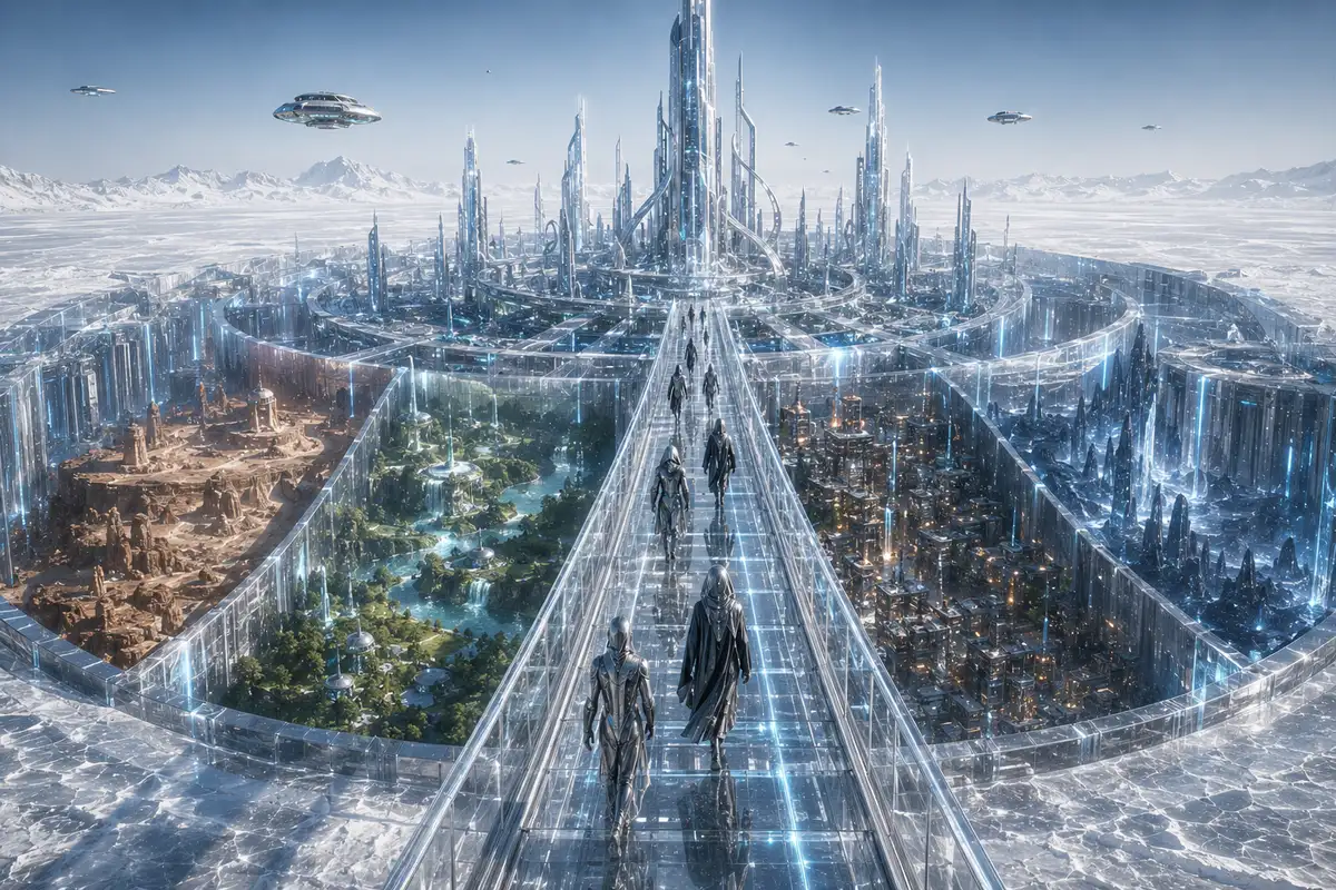 A ruined city beneath a fractured sky