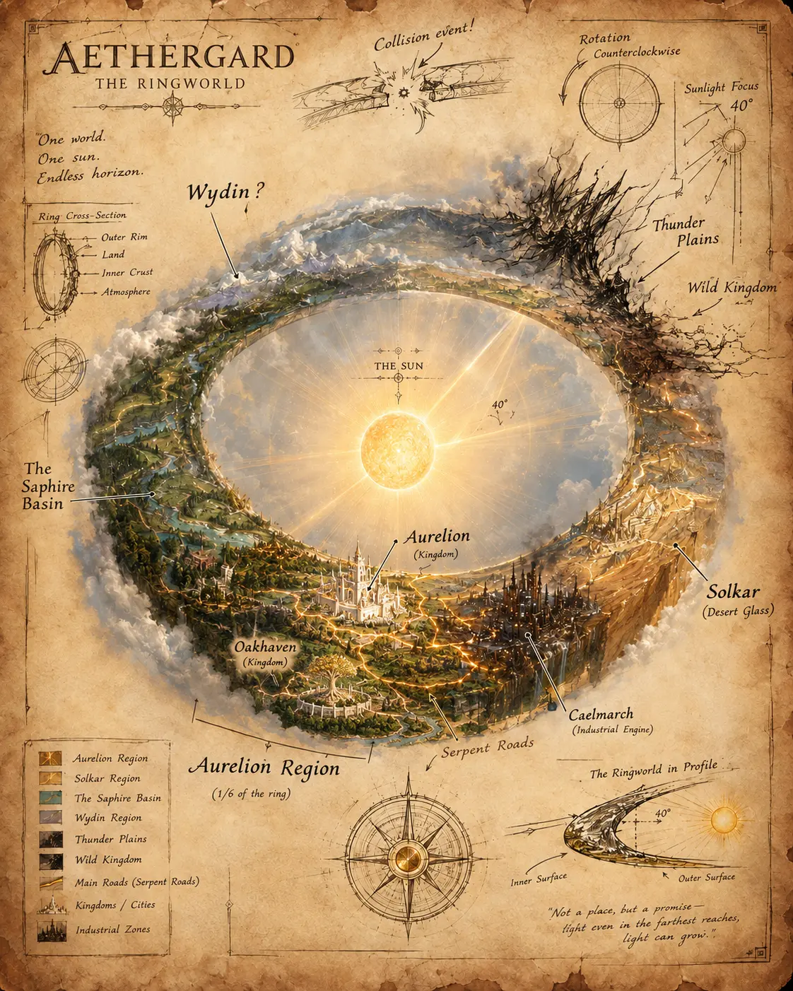 Map of Aethergard, the Ringworld — a band of land encircling a fixed sun, marked with Aurelion, Oakhaven, Kaelmarch, Solkar, the Sapphire Basin, Wydin, the Thunder Plains and the Wild Kingdom.